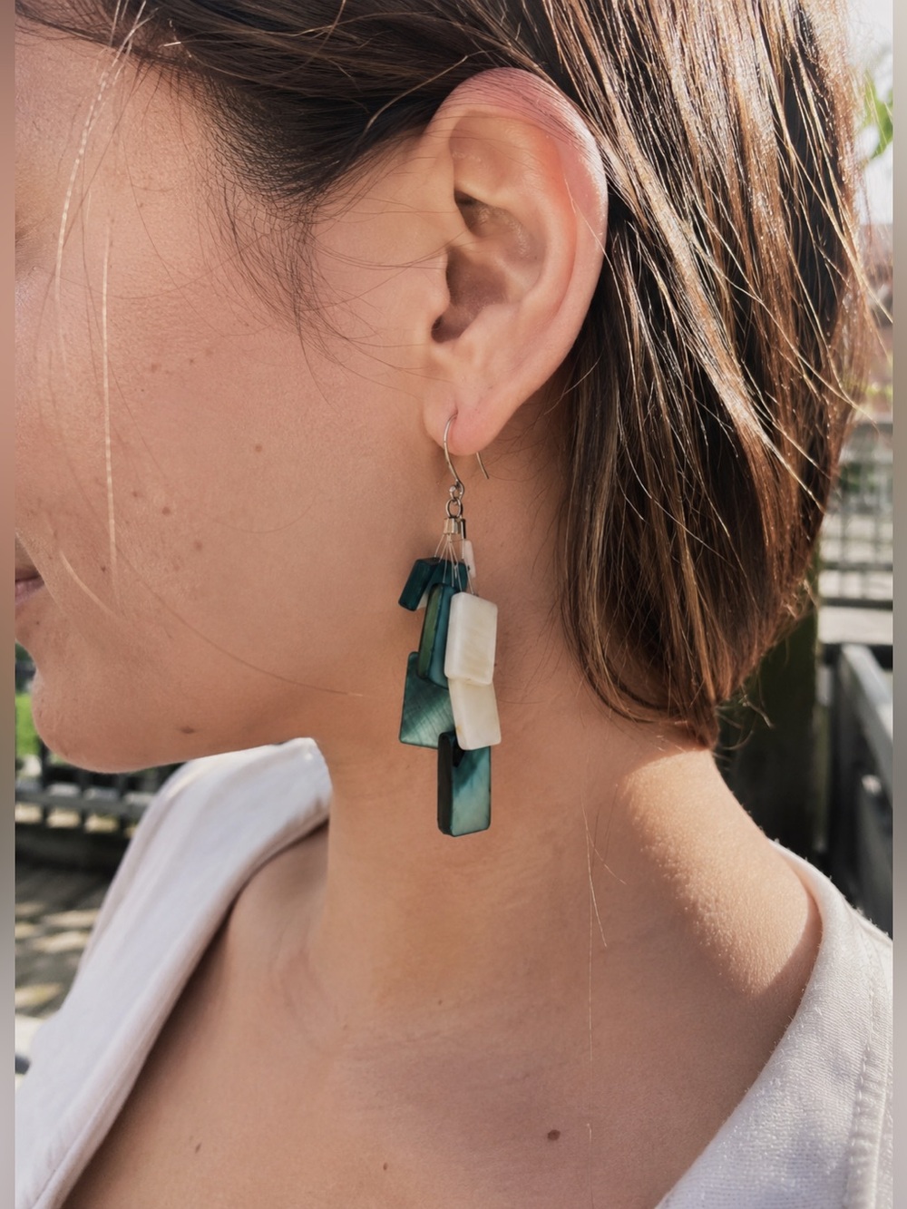 Green and White geometric Shell Drop Earrings - Women Jewelry